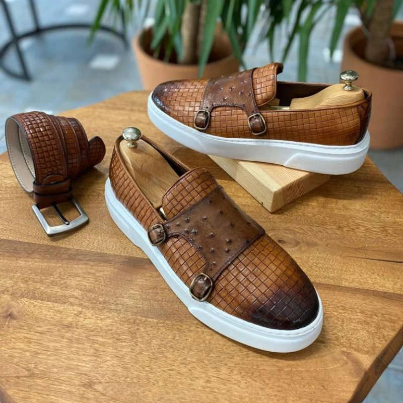New Brown Men\'s Vulcanize Shoes Double Buckle Monk Shoes Black Slip-On Lazy Shoes Handmade Free Shipping Men Casual Shoes