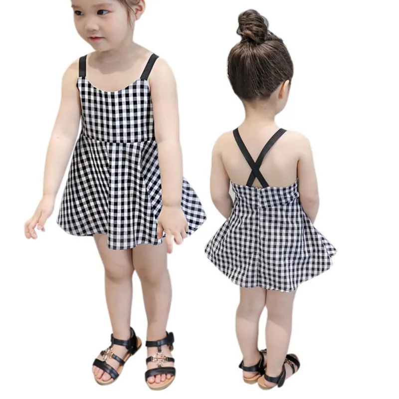 Baby Girls Summer Dress Kids Sleeveless Plaid Sling Skirts Children Princess Dresses For 1-6Y