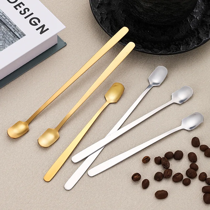 Stainless Steel Spoon Long Handle Coffee Tea Sugar Stirring Glass Cup Spoon Mark Cup Square Head Spoon Home Use Kitchen Spoon