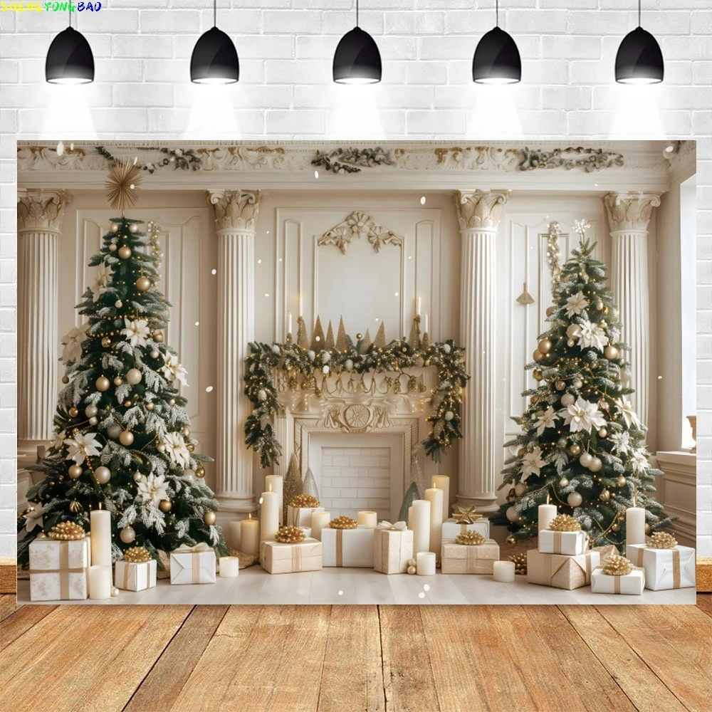 Christmas Fireplace Backdrops White Palace Castle Wall Wreath Red Curtain Christmas Tree Photography Background Photo Props