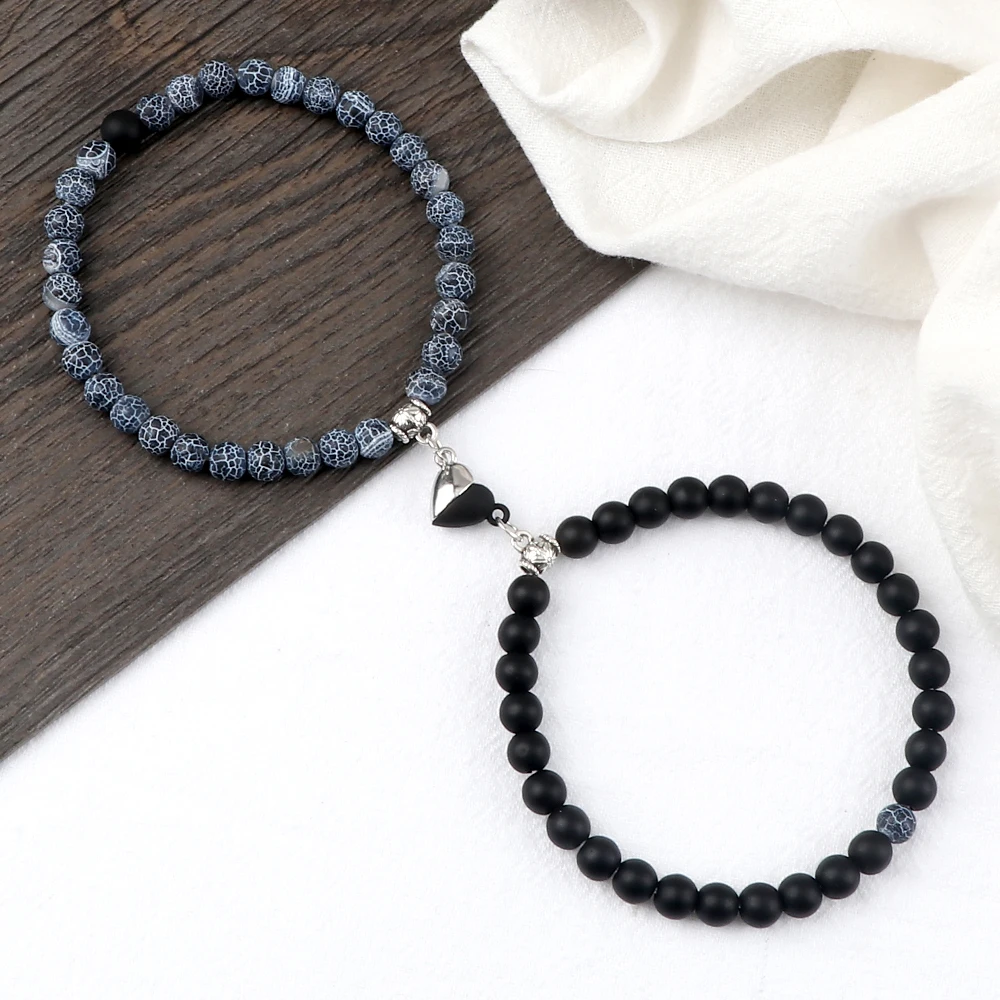 2 Pcs/Set Natural Stone Beads Bracelets Couples Fashion Black White Heart Magnet Connected Stretch Bangles for Women Men Jewelry