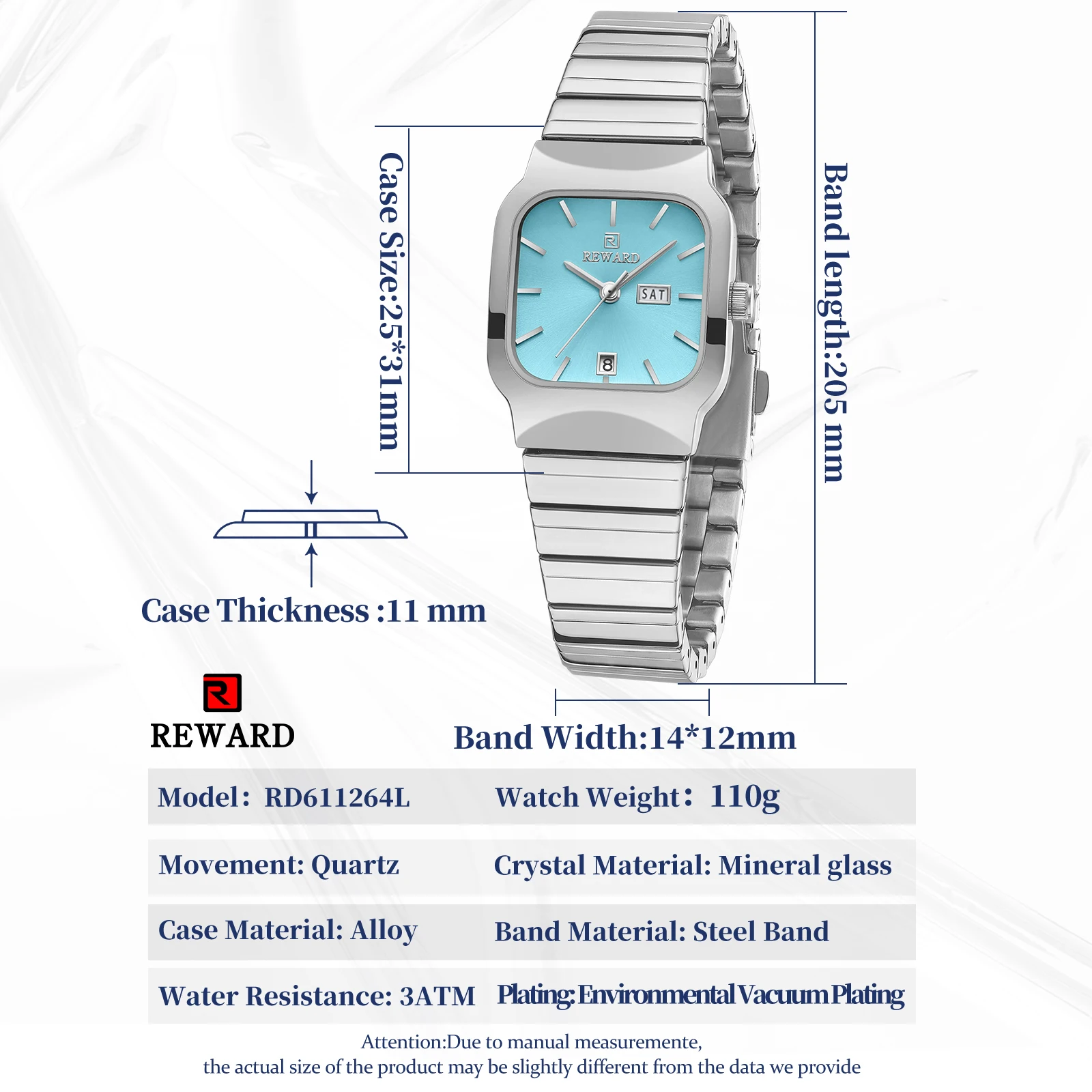 REWARD Fashion Square Watches for Women Stainless Steel Band Date Day Waterproof Casual Womens Wristwatch