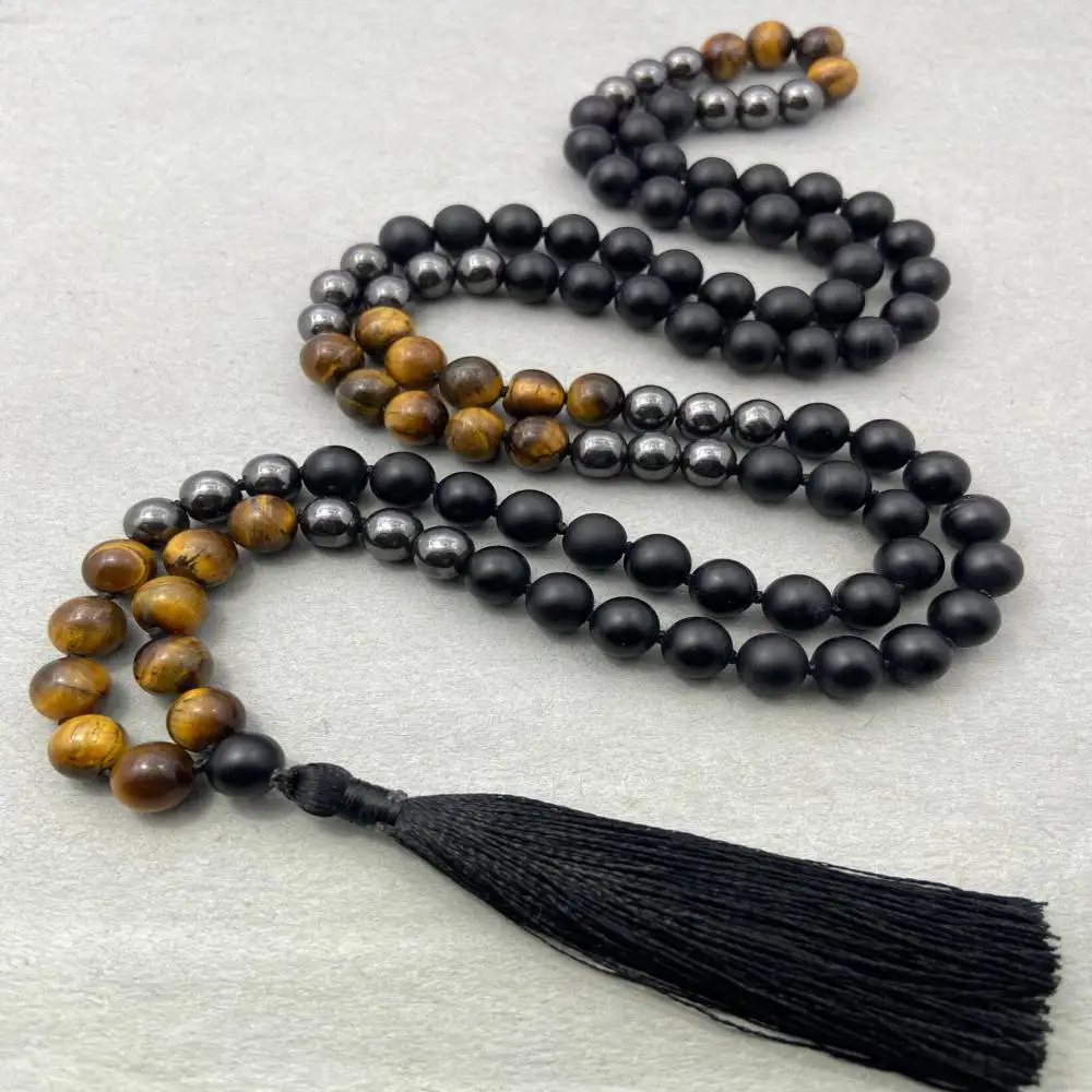 

Natural Matte Black Onyx, Tiger's Eye & Hematite 108 Mala Beads Necklace Protection & Grounding Healing Crystal Jewelry