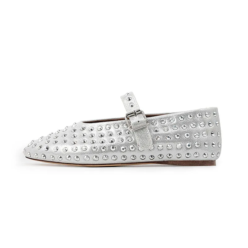 Arden Furtado Metal leather Round head Shallow Crystal Single shoe Belt buckle Mary Jane flats Extra large size Women\'s shoes