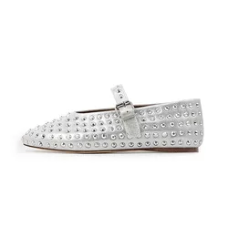 Arden Furtado Metal leather Round head Shallow Crystal Single shoe Belt buckle Mary Jane flats Extra large size Women's shoes