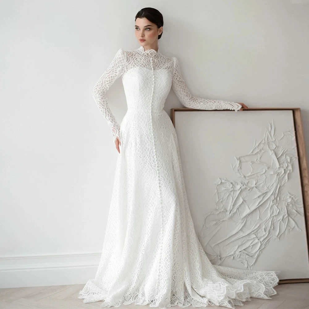 Vestido de casamento de alta qualidade, charmoso, mangas compridas, gola alta, trem personalizado, vestido de noiva saudita para mulheres, noiva, recém-chegado