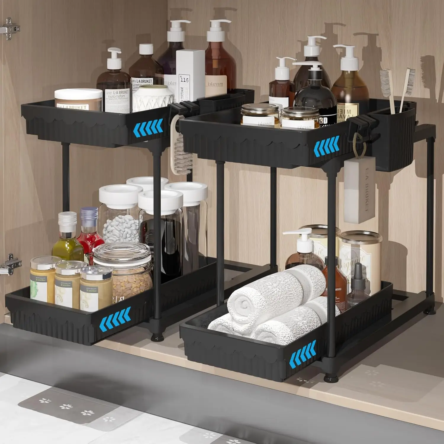 

2 Pack Double Sliding Under Sink Organizers and Storage, 2 Tier Under Bathroom Cabinet Shelf Organizer with Hooks Hanging Cup