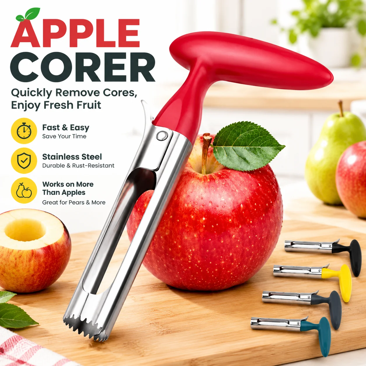 Apple Corer Stainless Steel Fruit Seed Remover with Plastic Handle Quick Easy Core Extractor Tool for Pears Apples Kitchen