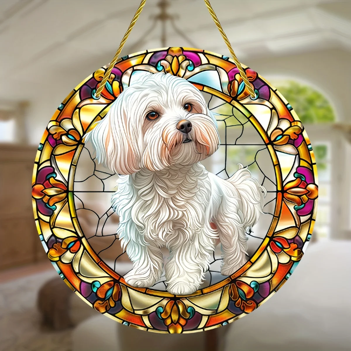 Maltese Dog Stained Glass-Style Window Hanging-Round Acrylic Sun Catcher,Perfect For All Seasons,Indoor&Outdoor Decor,Home