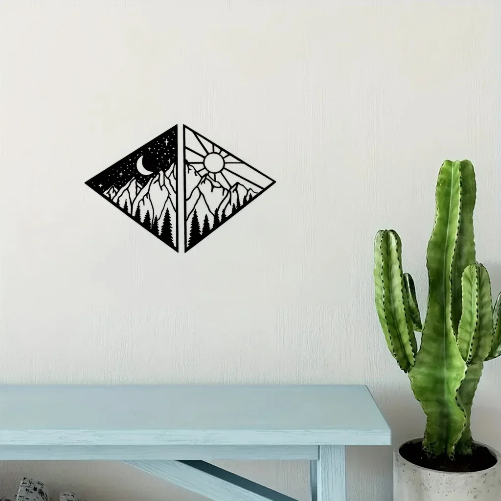 Decoración colgante de pared de Metal para el hogar, decoración de Arte Moderno, sol, luna, montaña, 2 piezas