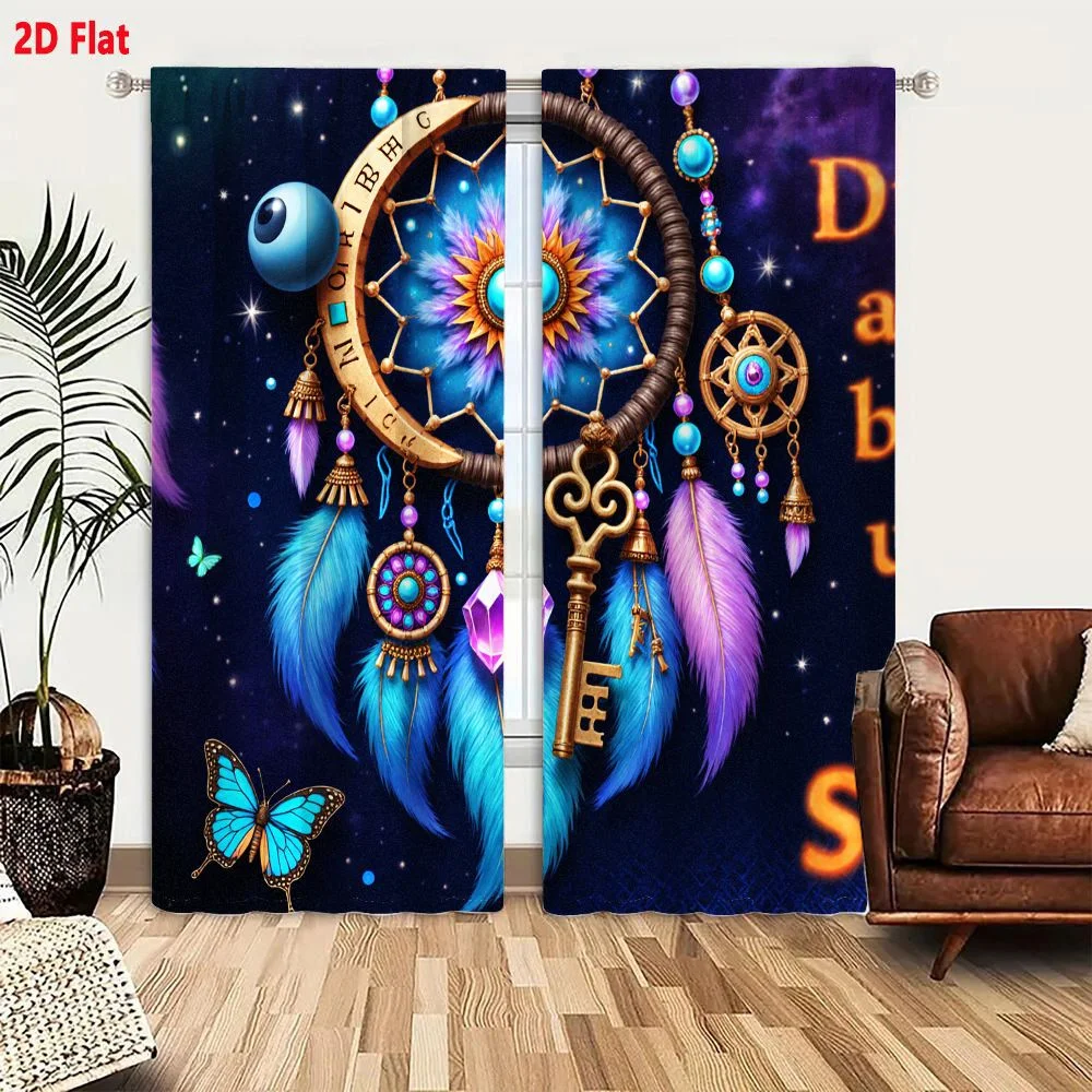 2Pcs Curtains 2D Flat Mystical Dreamcatcher With Golden Frame Colorful Charms Feathers Stars Night Sky Bohemian Decor Window Dra