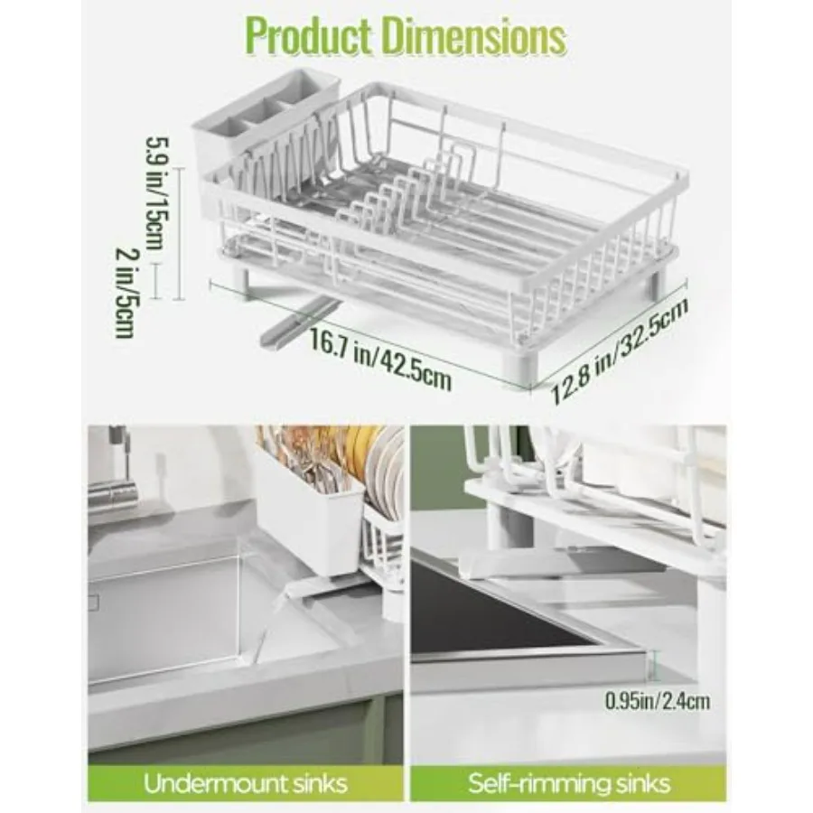 رف تجفيف الأطباق الموفر للمساحة لطاولة المطبخ مع فوهة تصريف قابلة للدوران 360 درجة، رف أطباق متعدد الوظائف يتميز بمدمج