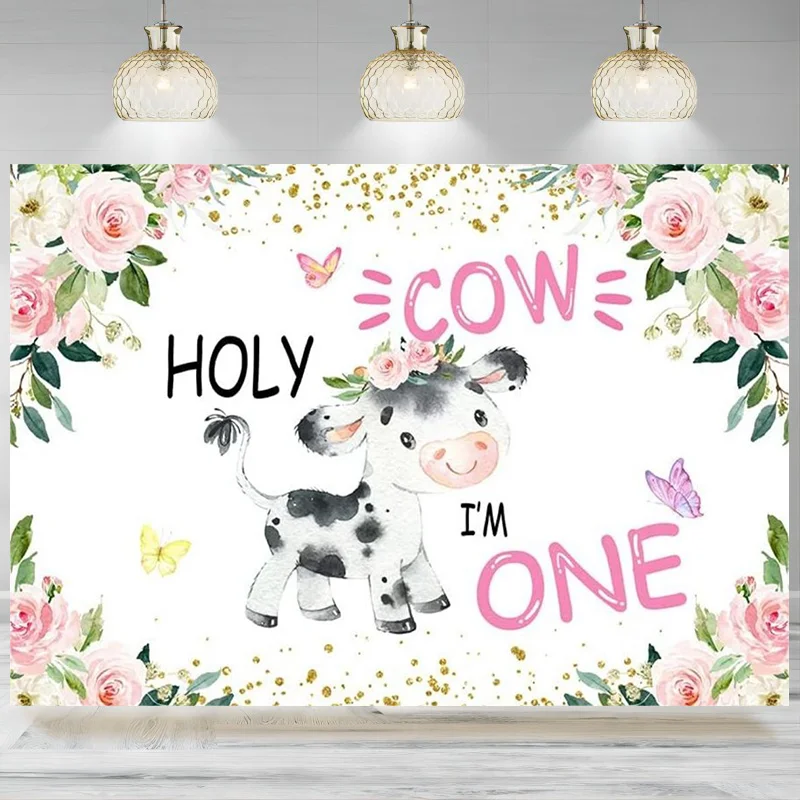 Cow Birthday Backdrop Girls Baby Shower Photography Background Pink Gold Floral Animals Bday Party Newborn Kids Props Banner