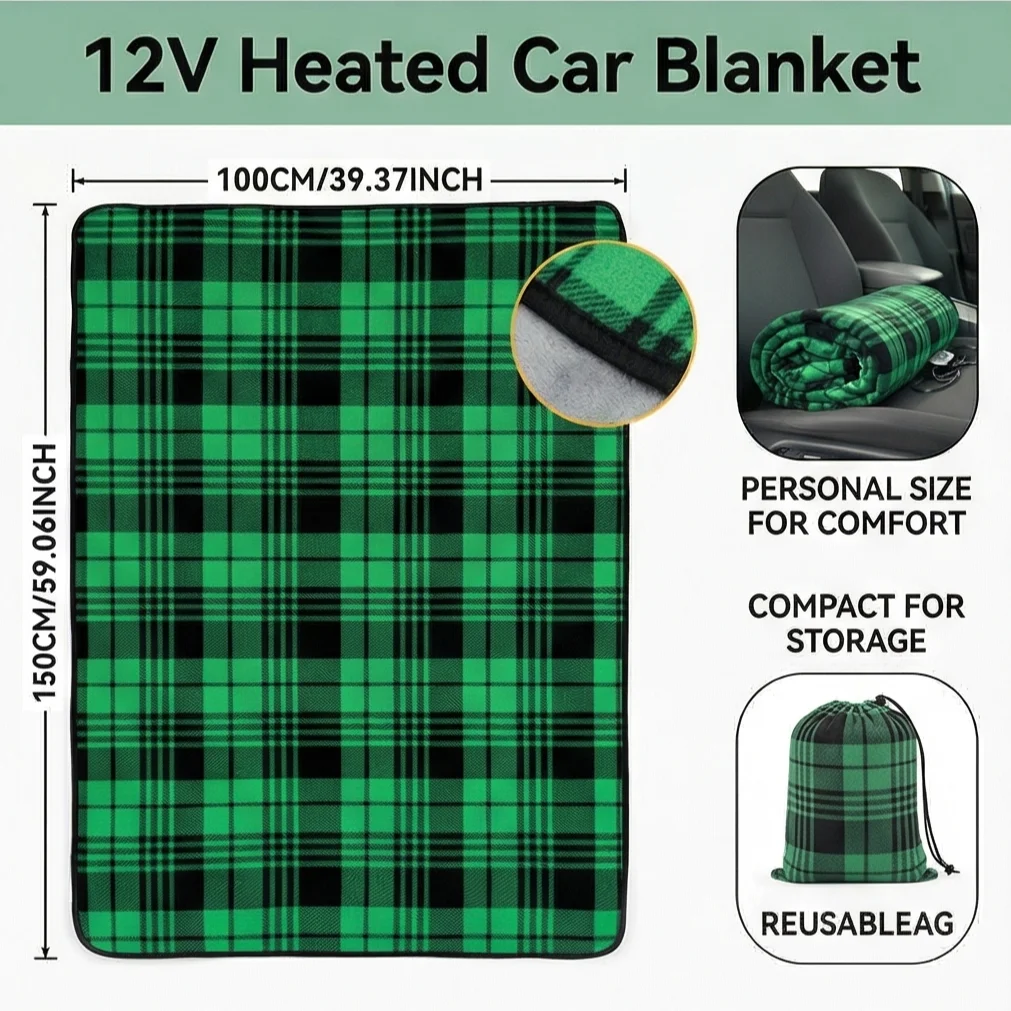 

12V Heated Car Blanket Electric Throw - Soft Double-Sided Flannel, 59 x 33 Inch Universal Fit for Auto, Truck, RV - Ideal for Wi