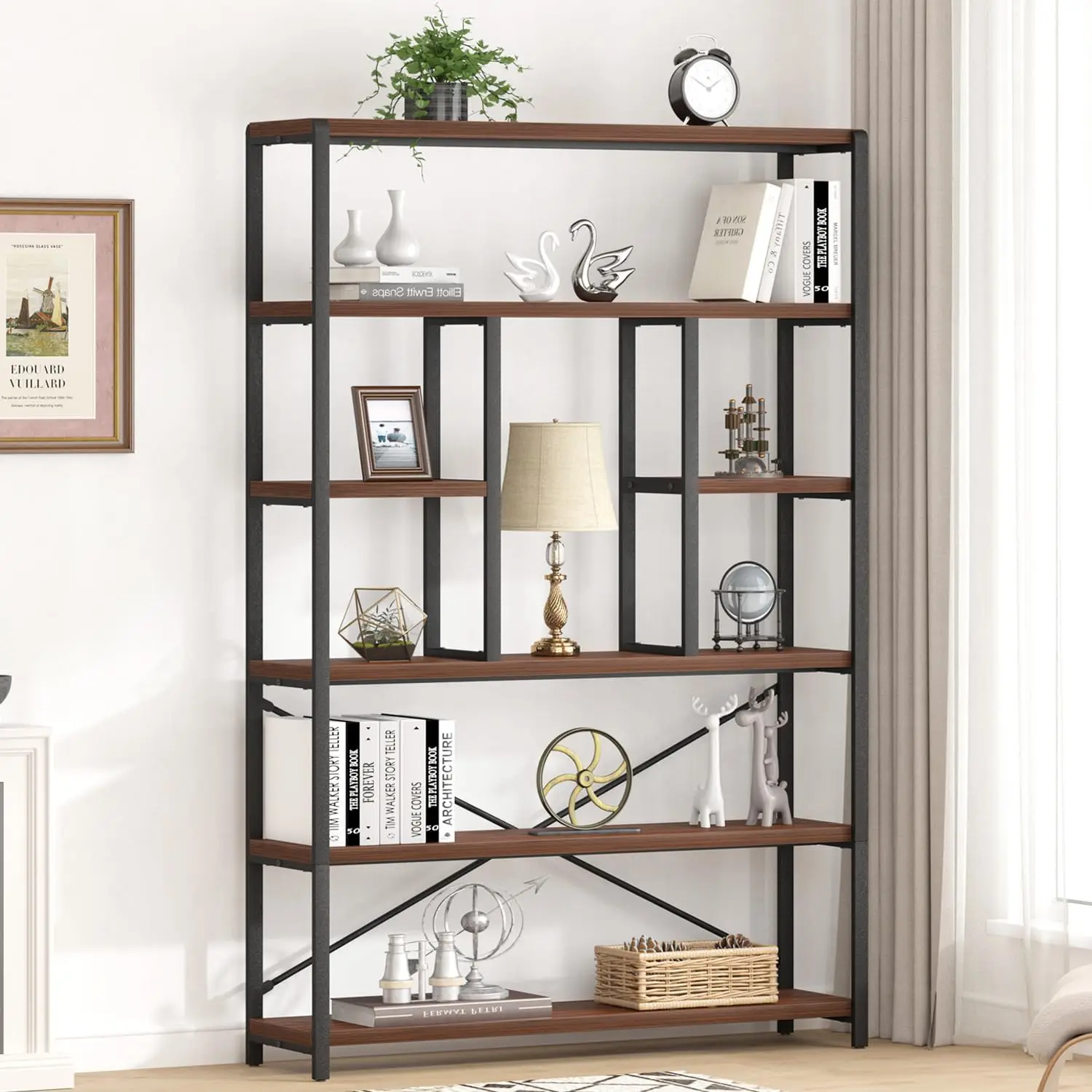 

LVB 6 Tier Tall Bookshelf, Wood Metal Bookcases and Book Shelves 6 Shelf, Industrial Large Wide Etagere Book Shelf.