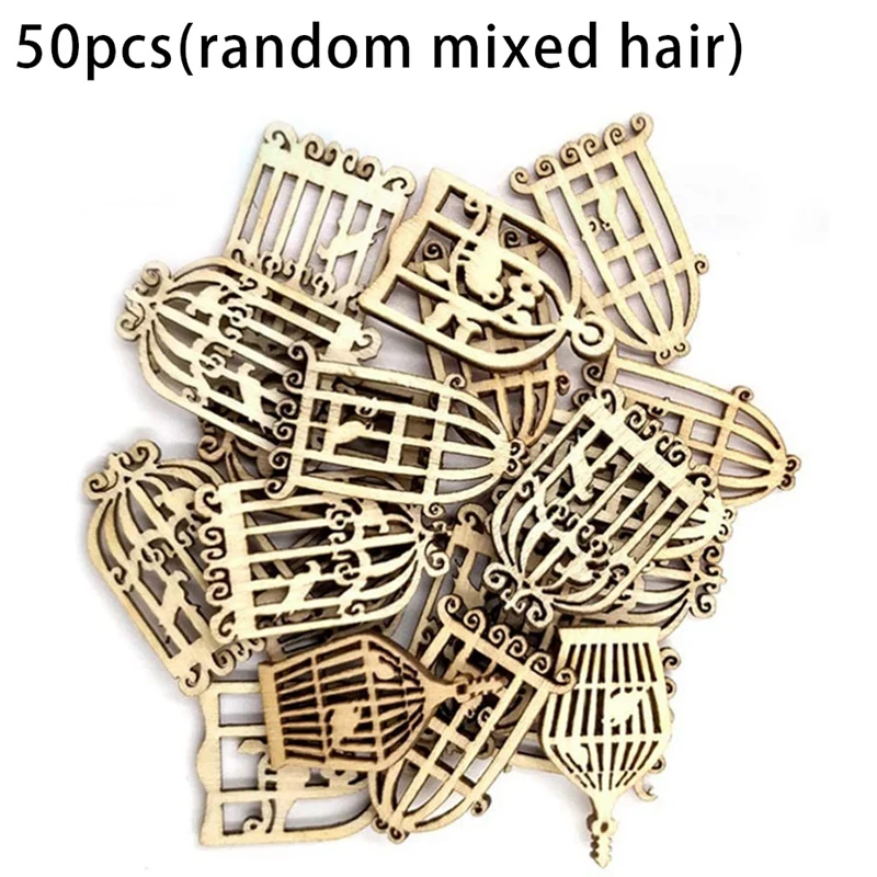 50Pcs Wooden Slices Cute Bird Cage Shape Embellishments Ornament Unfinished Wood For Party Decoration DIY Craft Supplies