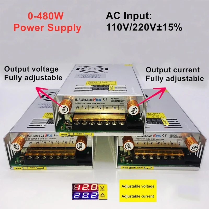 TransDevices avec affichage numérique, alimentation à découpage réglable, AC, DC, 220V à 5V, 12V, 24V, 36V, 48V, 60V, 80V, 120V, 160V, 220V, 480W