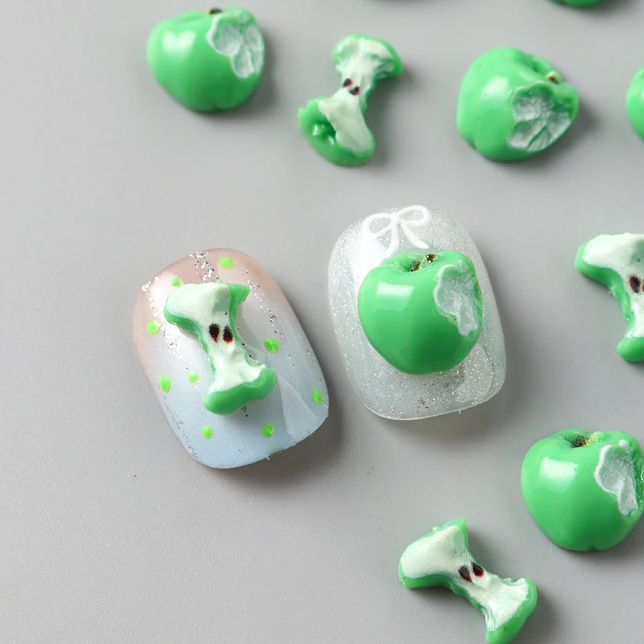 3D Realistic Bitting Green Apple Nail Charms Resin Fruit Series Apple Chip Acrylic Nail Art Decoration Manicure Supplies