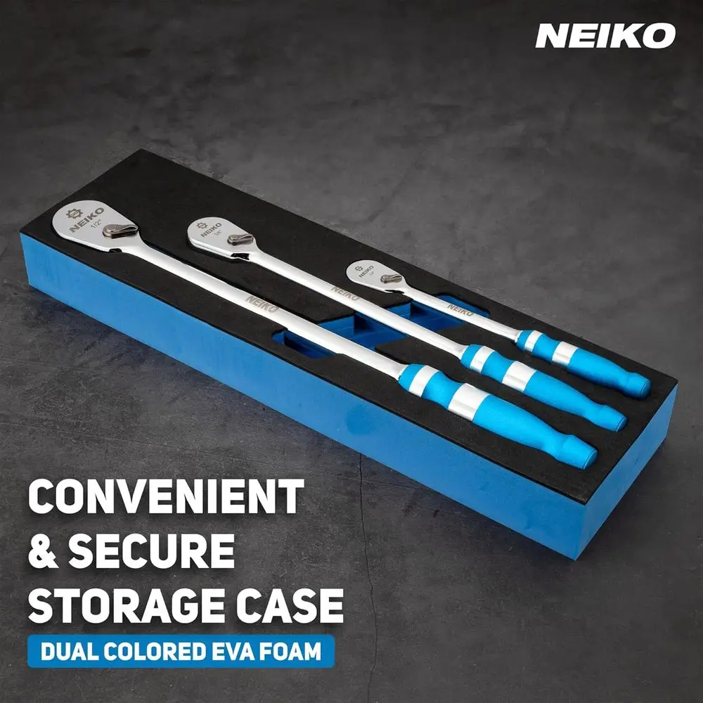 03006A 플랫 헤드 라쳇 세트 - 3피스 로우 프로파일 1/4, 3/8, 1/2 인치 드라이브, 90 톱니, 아노다이징 텍스처드 그립 핸들, 롱 핸들