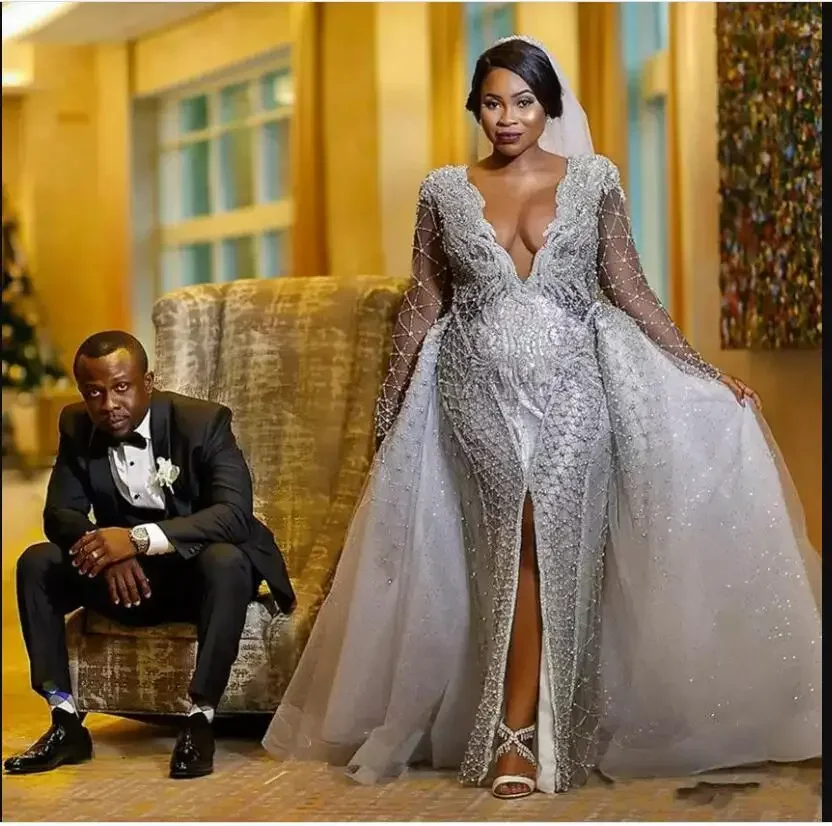 Customized African Plus Size Mermaid Wedding Dress Deep V Neck Full Beads Pearls Front Split Long Sleeve Bridal Gowns