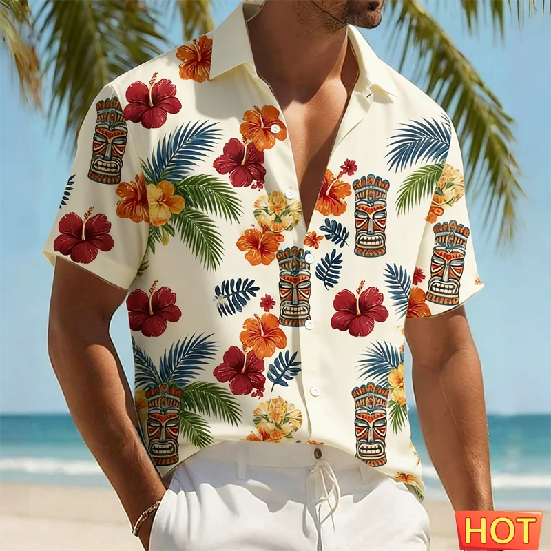

Мужская гавайская рубашка в стиле тики с тропическим цветочным и этническим принтом, повседневная рубашка с коротким рукавом на пуговицах, летняя пляжная одежда для отпуска