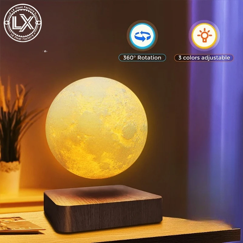 Image of Schwebender Mond Magnetische Schwebende Nachtlampe, 3 Farbtemperaturen, Kreative Tisch-3D-LED-Lampe mit Holzsockel als Geschenk für Büro