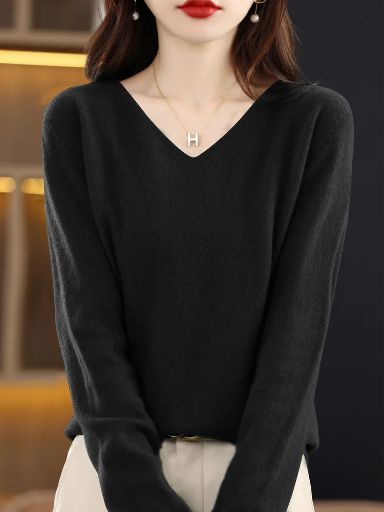 New Style Spring Autumn Knitted Sweater Basic Clothing V-Neck 100% Cashmere Merino Wool High Quality Pullover Knitwear