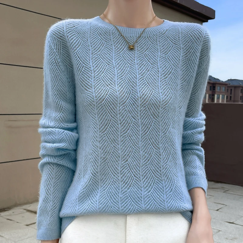 Spring Wool Sweater Women Clothe Korean Fashion O-neck Long Sleeve Top Hollow Out Knit Female Pullover Autumn Winter Pull Jumper