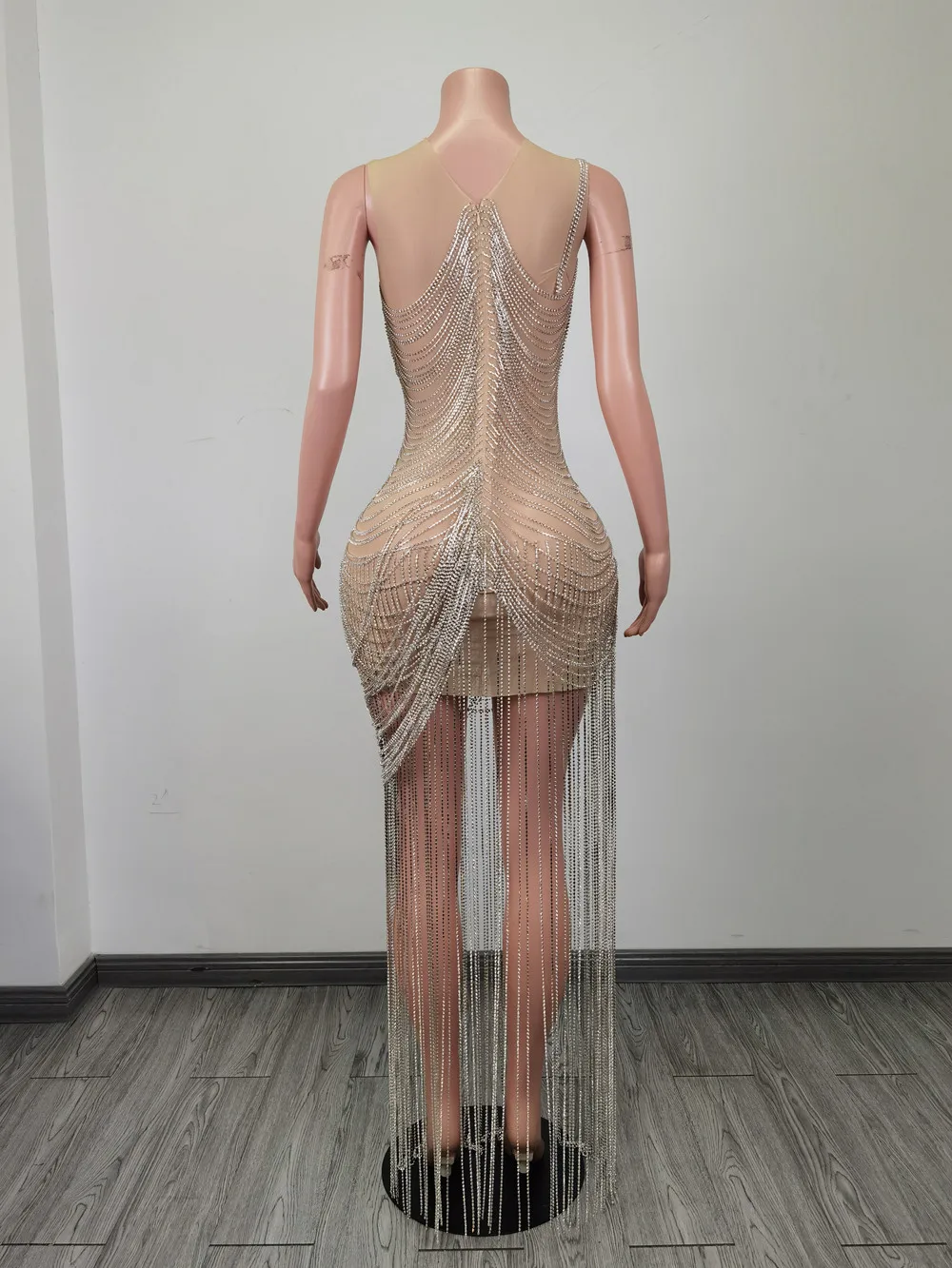 高級メッシュシースルーノースリーブラインストーンタッセルミニドレス女性用プロムガウンナイトクラブパーティーボディコンドレスストリッパー衣装