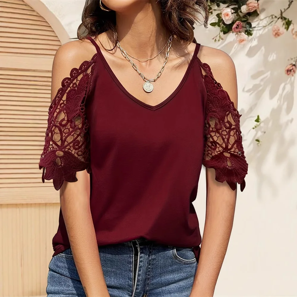 

Новая однотонная кружевная повседневная футболка с v-образным вырезом и v-образным вырезом на бретельках, женский топ