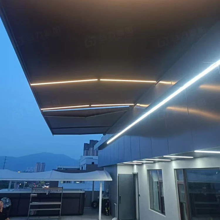 

Выдвижной электрический навес для террасы с моторизованным приводом, полностью кассетный, с LED-подсветкой для бассейна