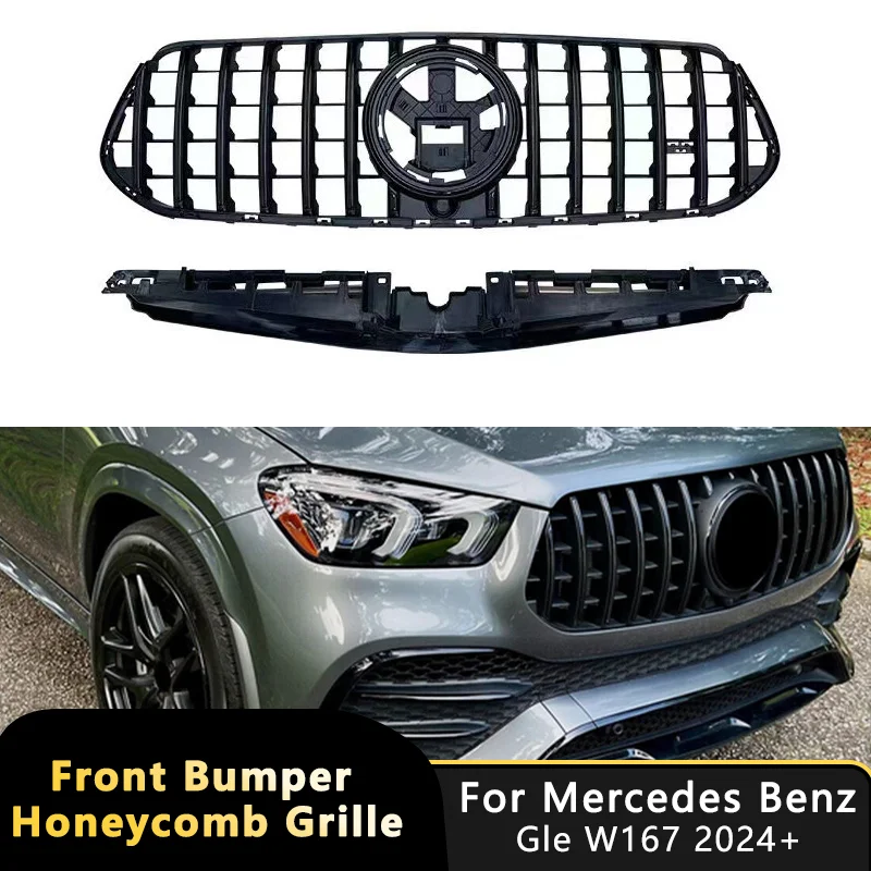 

Для Mercedes-Benz W167 GLE AMG-line/GLE 53 2023-2026 (до рестайлинга) — глянцевая черная решетка переднего бампера в стиле GT, автомобильные аксессуары