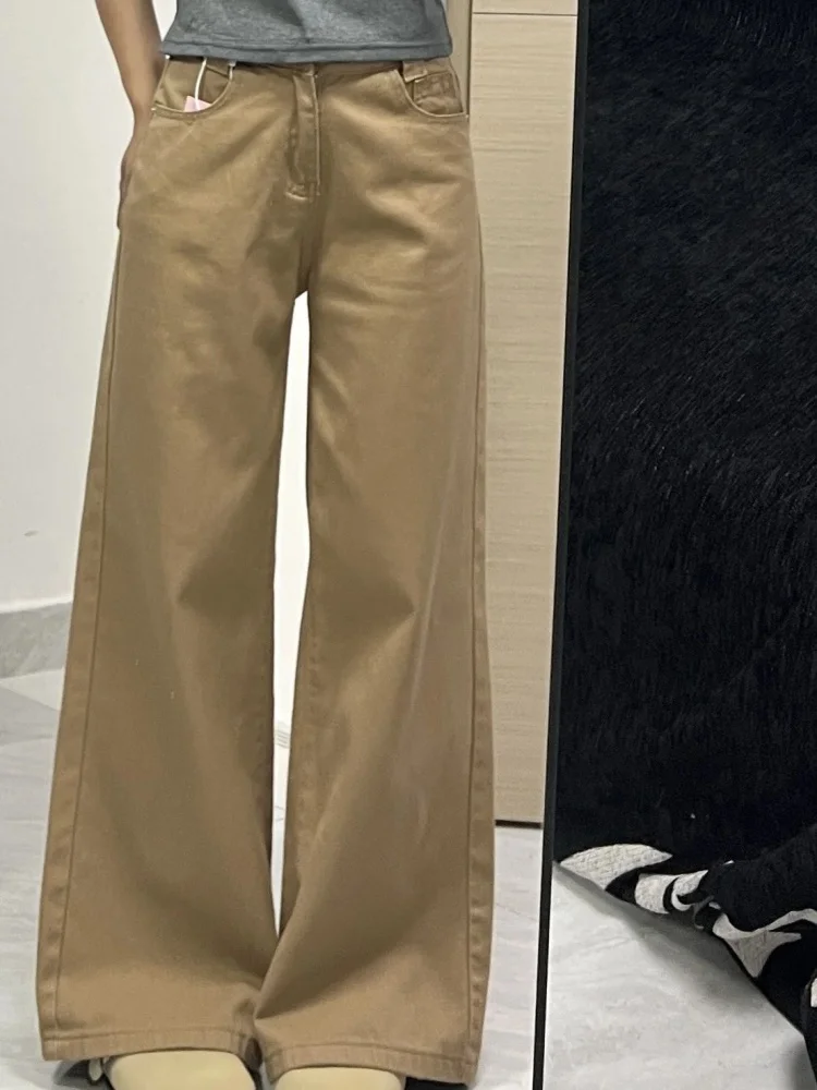 Low Waist American Retro Khaki Denim Jeans Women's Loose Floor-Length Not Tight Legs Flared Pants plus Size Comfortable Breat...