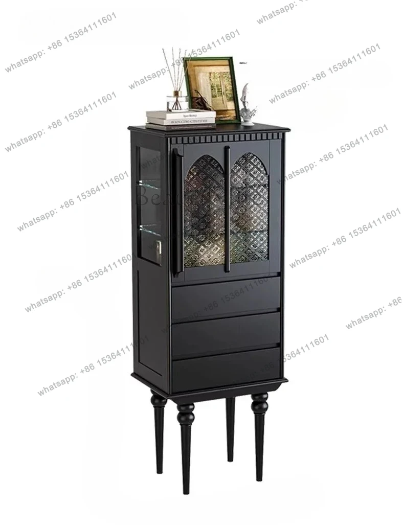 

French cream white solid wood American side cabinet glass door storage wine cabinet living room display floor