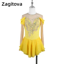 Zagitova vestido de patinaje artístico para mujer y niña, falda de patinaje sobre hielo, competición de rendimiento con diamantes brillantes, amarillo