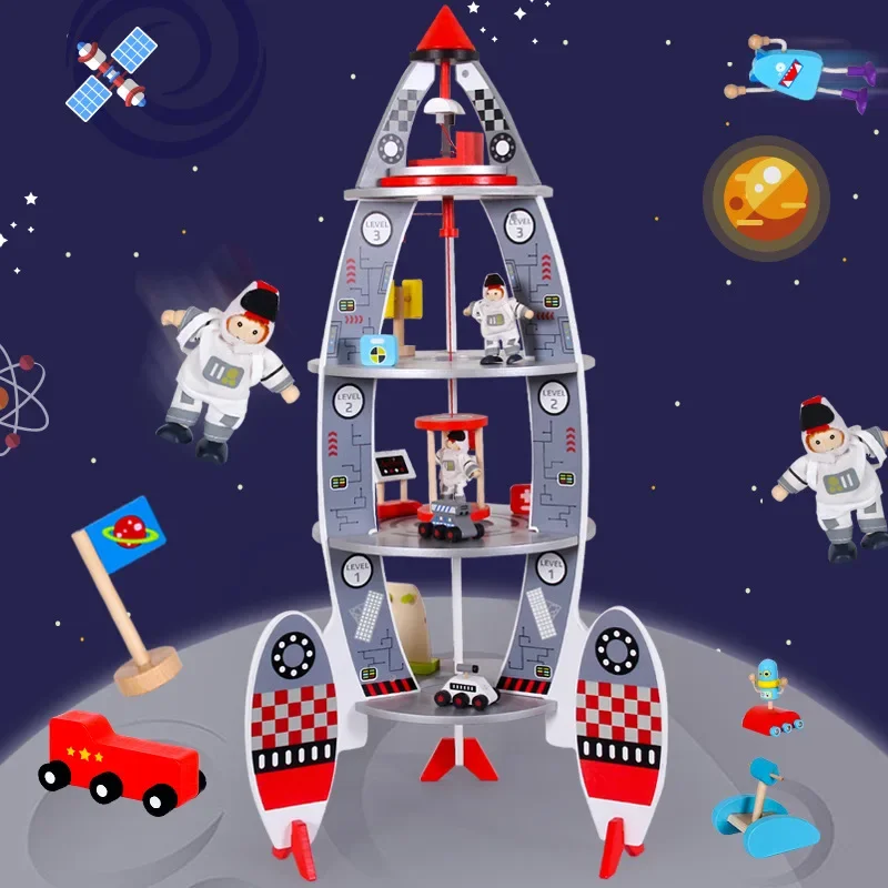 Children Toy Ornaments Wooden Large Rocket Model Diy Doll House Kit Dollhouse Accessories Montessori Education Interactive Toys