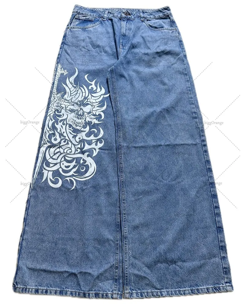 Harajuku High Street Fashion Loose Retro Oversized Jeans Men Y2k Trendy Brand Anime Print Washed High Waist Wide Leg Pants Women