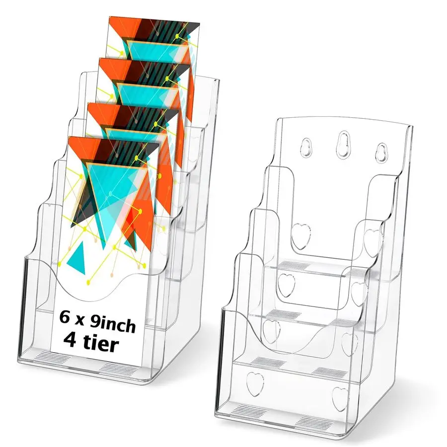 

2 Pack 4 Tier Acrylic Brochure Holder Display Stand 6 x 9 Inch, Pamphlet Organizer Flyer Literature Clear Plastic Wall Mount Co