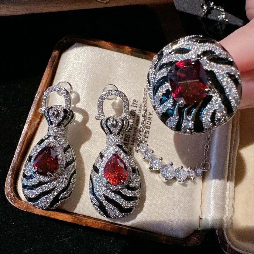 Women 2023 Garnet Ruby Drop Earrings Vintage 18K Gold Plated Cheetah Curved Zirconia Ring