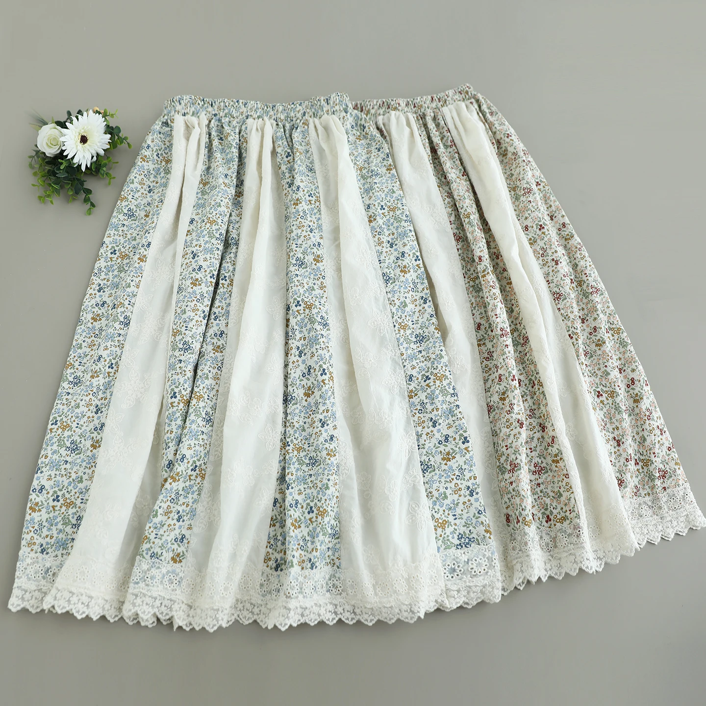 

Japanese Sweet Mori Girl Floral Printed Lace Patchwork Cotton Skirts Women Summer Elastic Waist Casual Loose A-Line Midi Skirts
