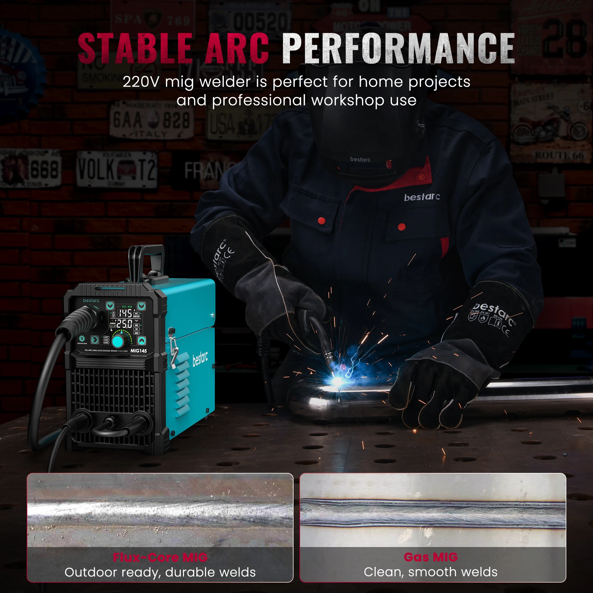 Soldador bestarc MIG, MIG145 145 amperios MIG de gas/MIG sin gas/Lift TIG/Stick 3 en 1 MIG con pantalla digital, monofásico de 220 V