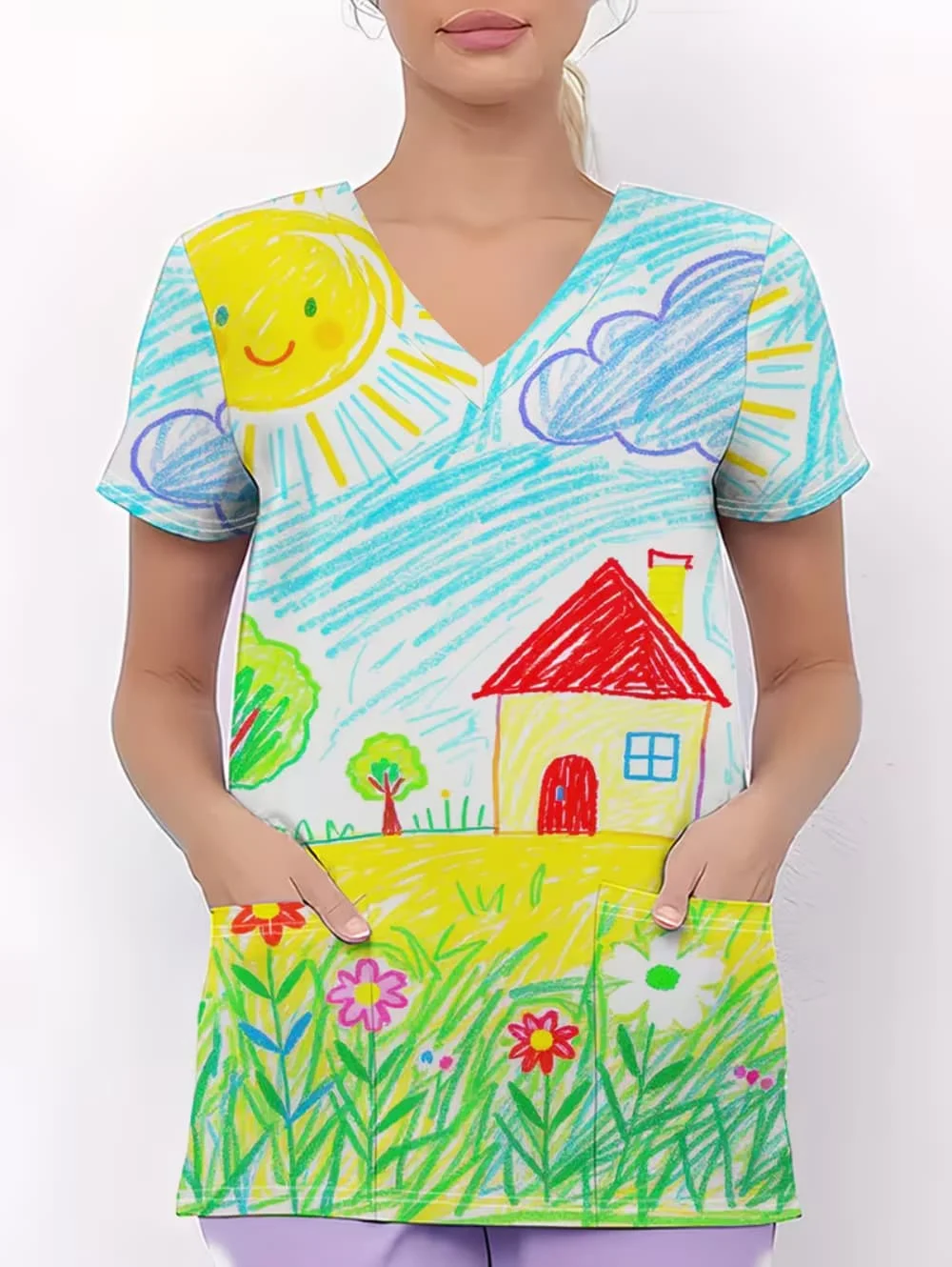 Clinical Uniform Woman Cartoon Art Draw Print V-Neck Short Sleeve Tees with Pockets Dentist Vet Nurse Surgical Uniforms Nursing image 6