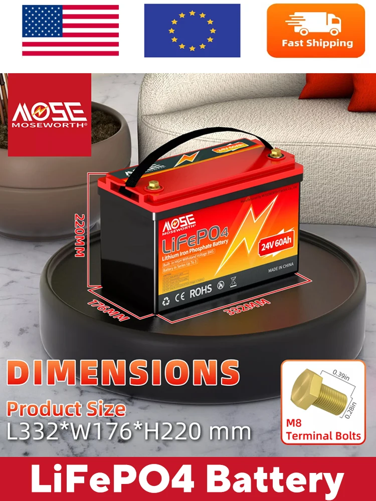 MOSEWORTH 24V 60Ah LiFePO4-Batterie, Lithium-Eisenphosphat-Akku, wiederaufladbar, mit integriertem BMS für Wohnmobil, Wohnwagen, Boot, Wechselrichter, Bateria