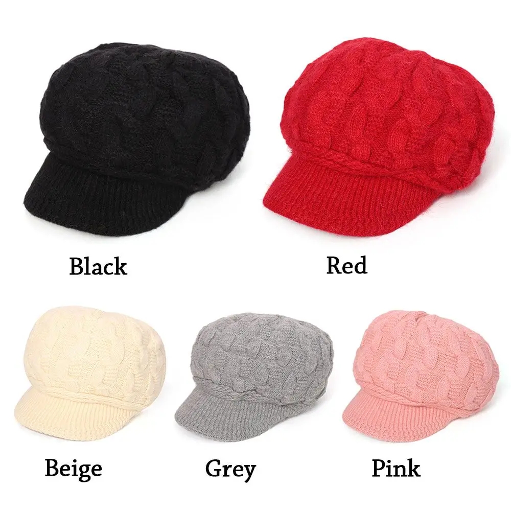 Women Beret Hat Knitted Rabbit Hair Winter Beanie Cap Thicken Warm Casual Peaked Hat