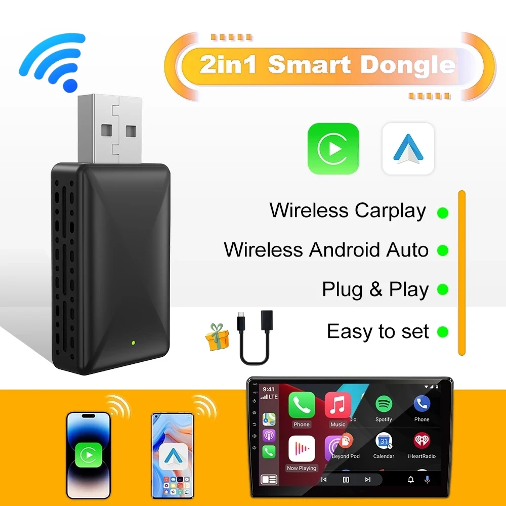 Adattatore Wireless per Auto Android 2024 nuovo Mini 2 in 1 Box Apple Carplay Dongle per Auto con Plug & Play WIFI Wireless AA CP cablato