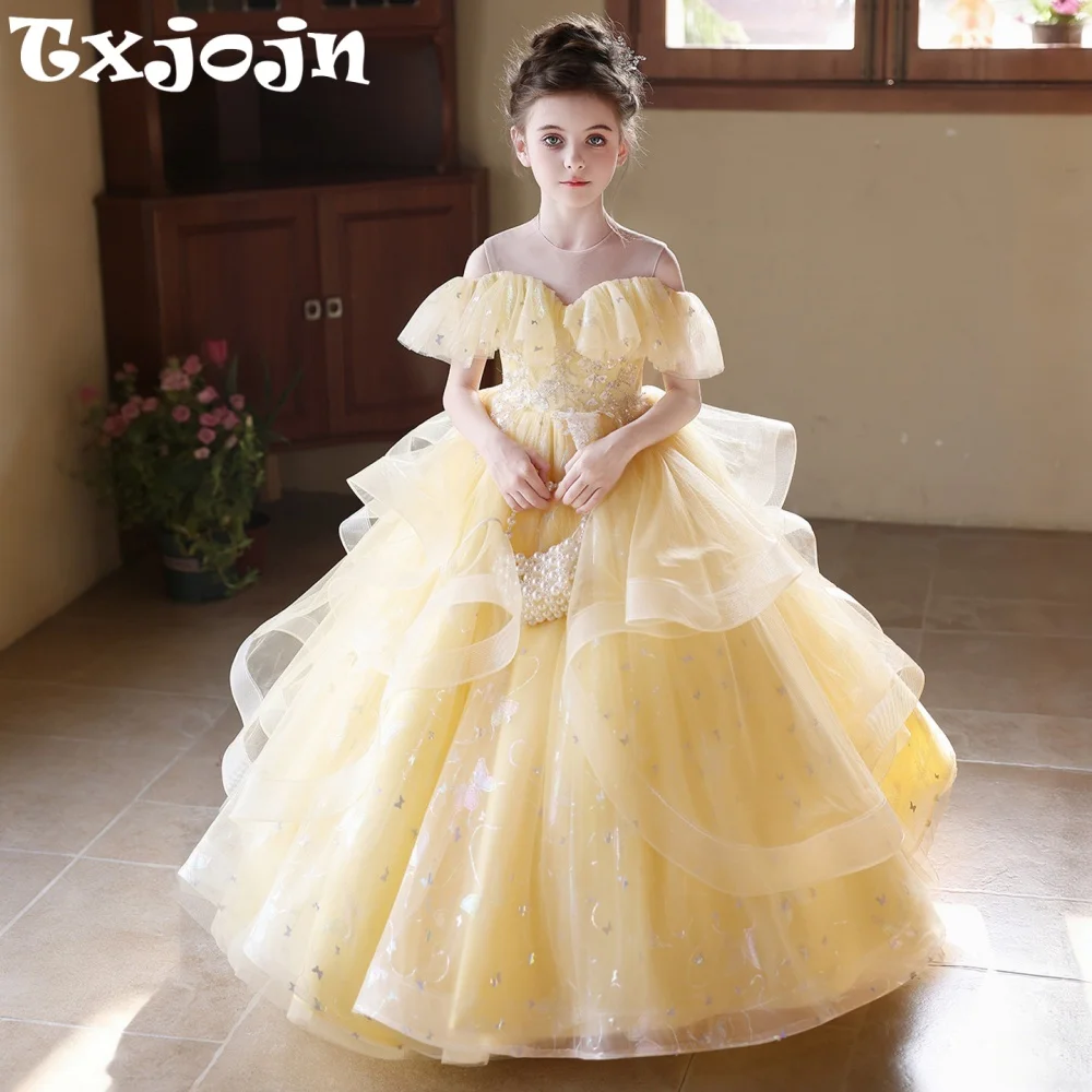 Txjojn New Sparkly Yellow Ruffle Tulle Flower Girl Dress Delicate Lace Appliques Kids Princess Gown For Wedding Birthday Party