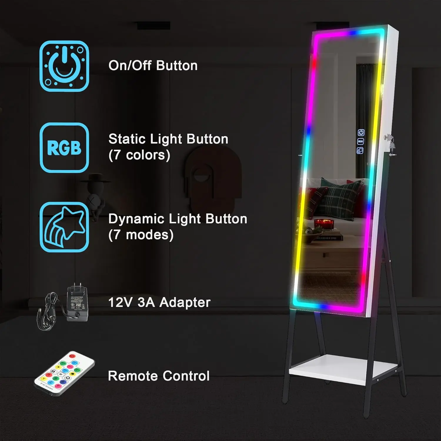 Gabinete de joyería con espejo LED RGB, organizador de gabinete de joyería de pie, espejo de longitud completa con almacenamiento, espejo de joyería con cerradura para W