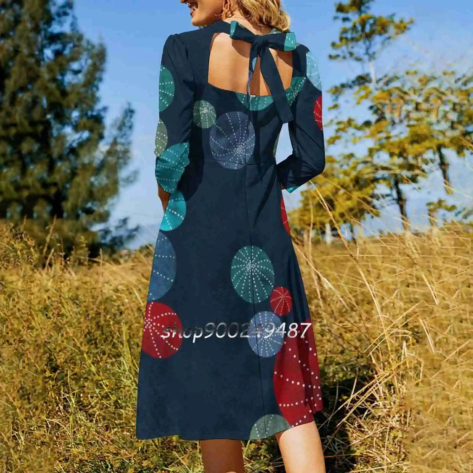 Colorful Cactus Field Flare Dress Square Neck Dress Elegant Female Fashion Printed Dress Cactus Cacti Colorful Indigo Deep Blue