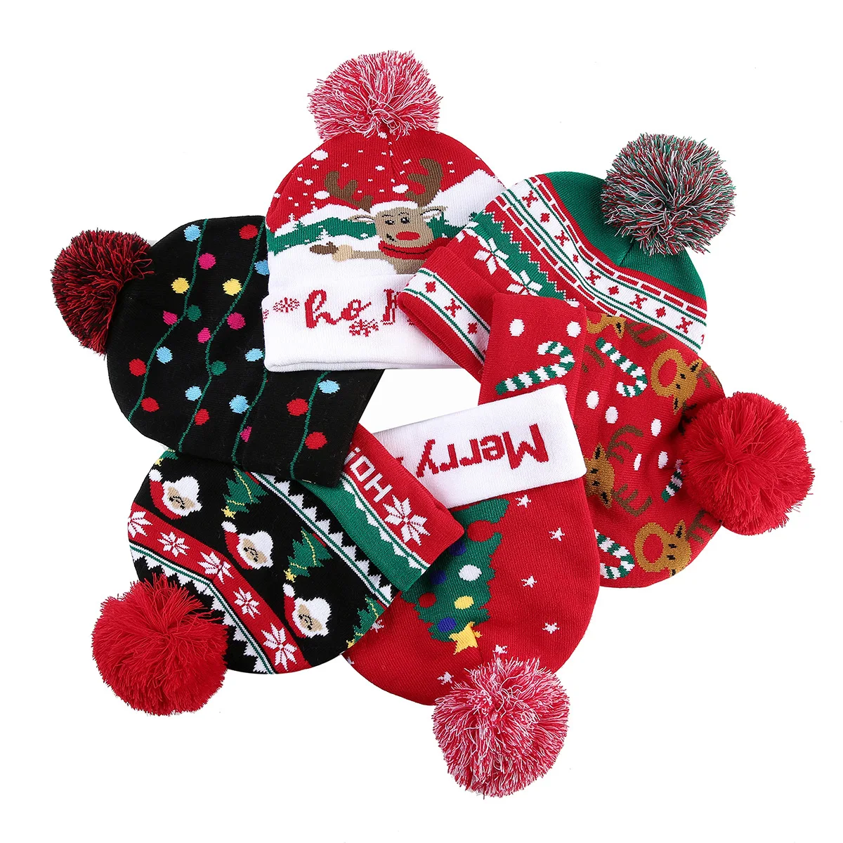 Christmas Pom Pom Knit Beanie Hat Adult Winter Warm Xmas Cap Santa Snowflake Pattern Festive Holiday Party Knitted Headwear Gift