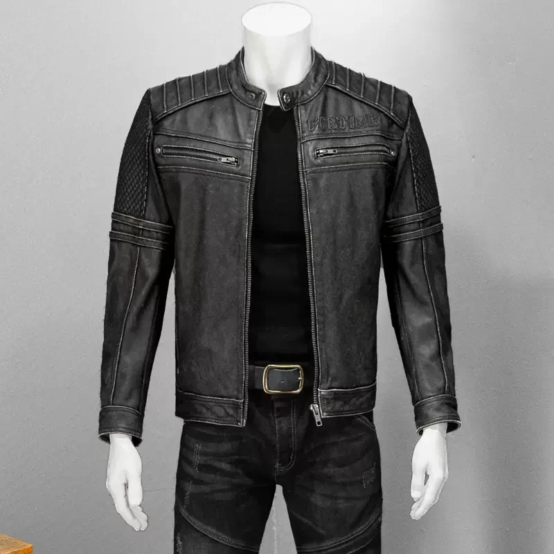 Vintage Grey Autumn Leather Jacket Men Punk Style Plus Size 5XL Natural Cowhide Slim Fit Short Genuine Leather Coat